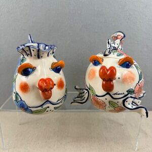 Vintage Diane Artware Kissy Fish Sugar and Creamer Set Floral Stoneware 2002